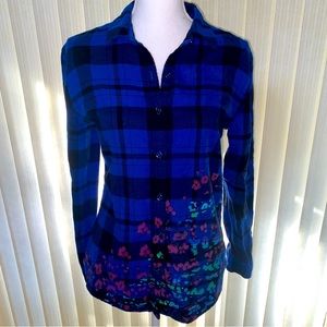 L’Amour by Nanette Lepore Blue Plaid Flannel Grunge Paint Button Up Top